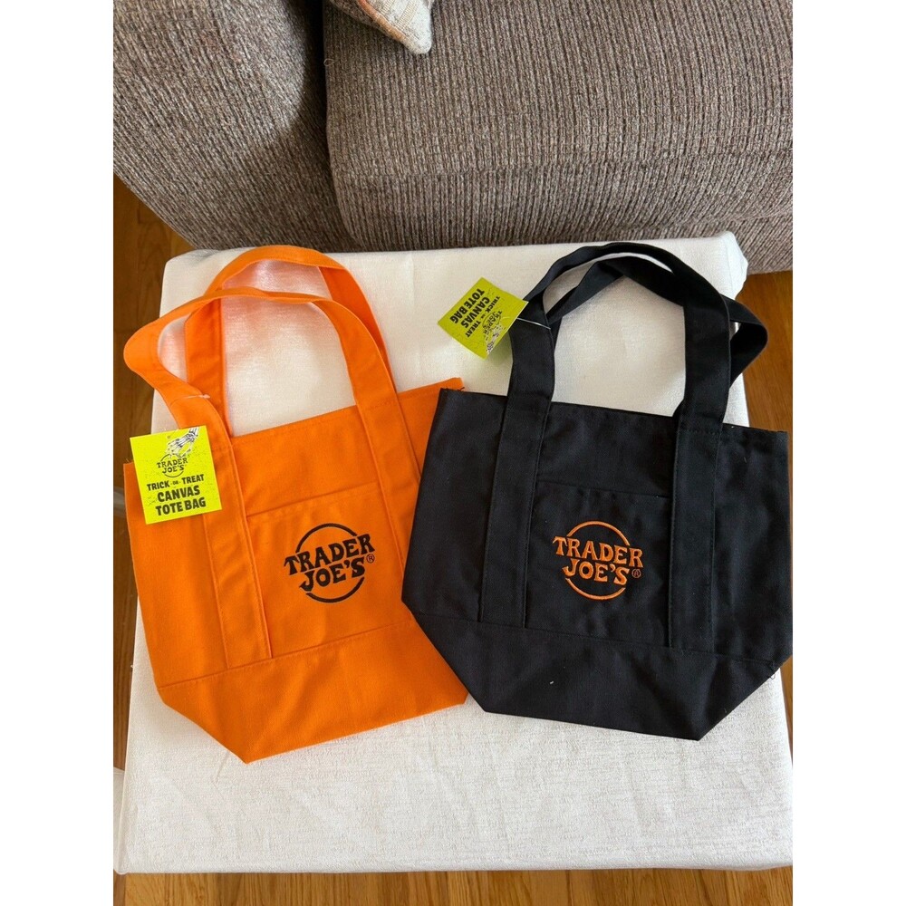 Trader Joe’s Mini Canvas Tote Bag Set Of 2 Black Orange Limited Edition